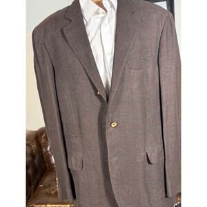 Brunello Cucinelli Brown Wool Linen Silk Burgundy Windowpane Sportcoat 56IT 46R